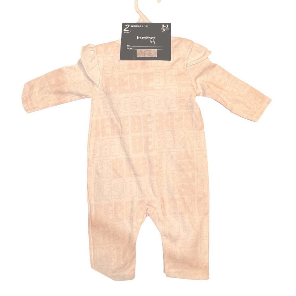 Bebe Baby Girls Pink Logo Jumpsuit and Headband 2 Piece Set 0-3 Months - NWT